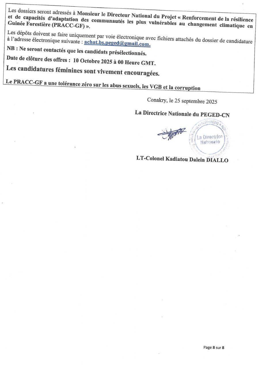 Termes de références pour le Recrutement d'un Consultant National pour la formation des paysans relais, les communautés et les autorités locales des zones d'intervention du PRACC-GF | Page 8